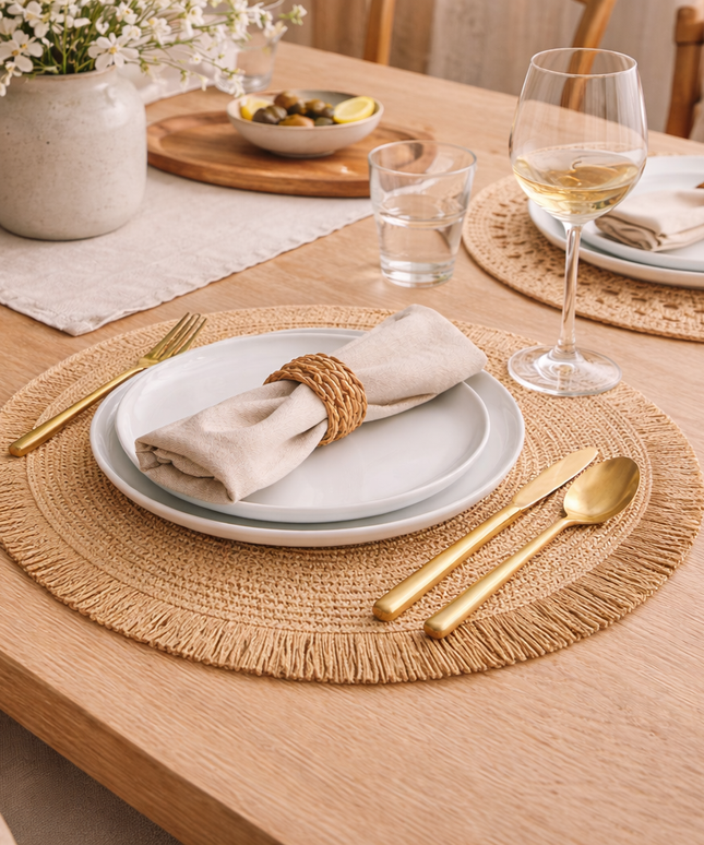 Straw & Fringe Round Placemat | 15” Handwoven Natural Fiber Table Decor