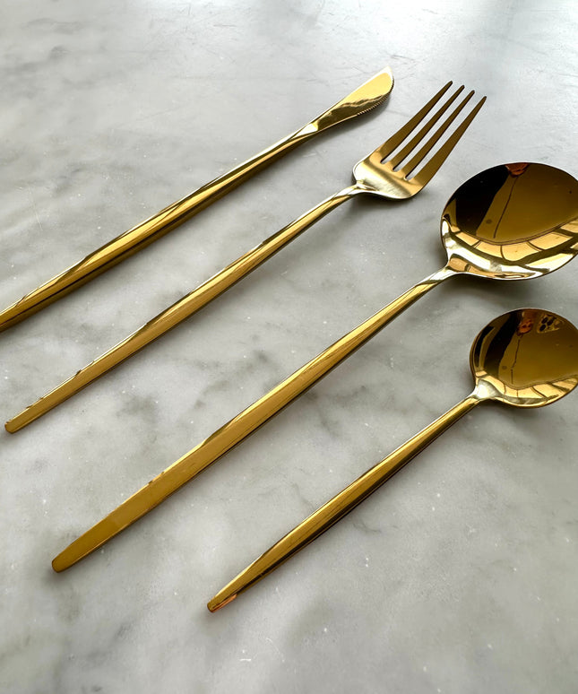 Modern Sleek Gold Flatware, Set of 16