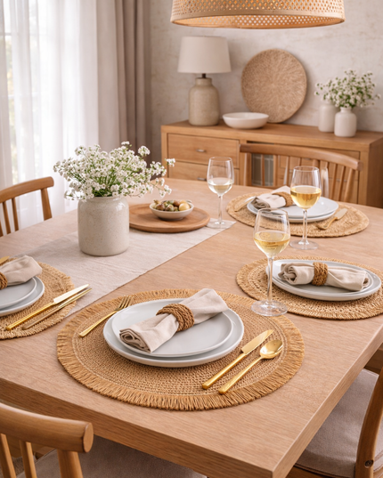 Straw & Fringe Round Placemat | 15” Handwoven Natural Fiber Table Decor