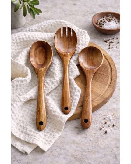 Teak Wooden Salad Spoons, Set of 3