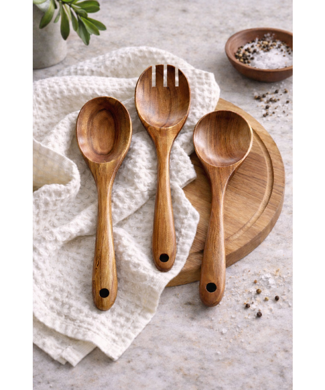 Teak Wooden Salad Spoons, Set of 3