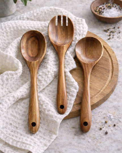 Teak Wooden Salad Spoons, Set of 3