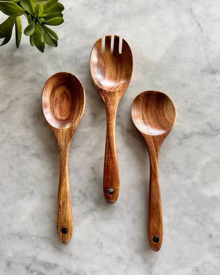 Teak Wooden Salad Spoons, Set of 3