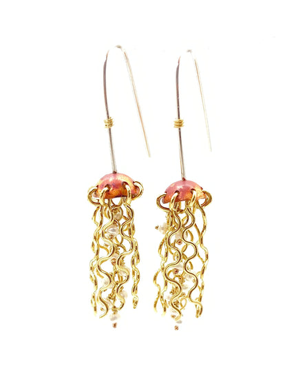 Mini Red Copper Jellyfish Earrings with White Pearls and Sterling Silver Earwires