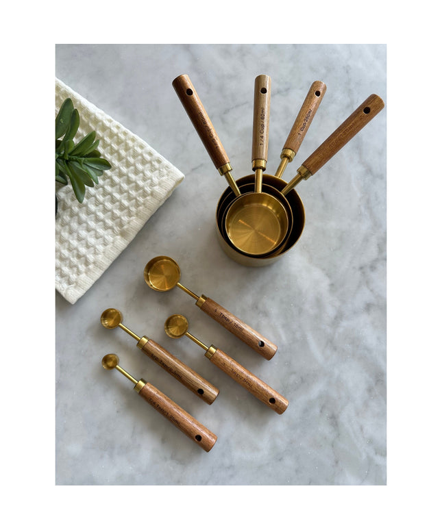 Acacia Wood and Gold Measuring Cups, Set of 8