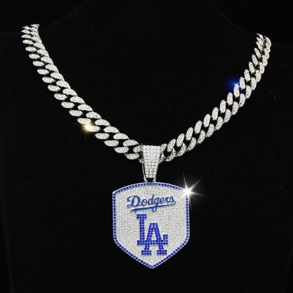 Los Angeles Dodgers Baseball Shield Pendant Necklace – Iced Out 24 Inches Cuban Chain