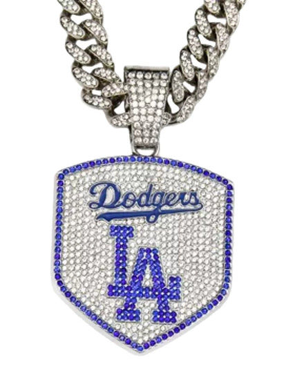 Los Angeles Dodgers Baseball Shield Pendant Necklace – Iced Out 24 Inches Cuban Chain