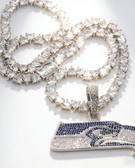 Seattle Seahawks Logo Pendant Necklace – with Heart Tennis Chain for Fans