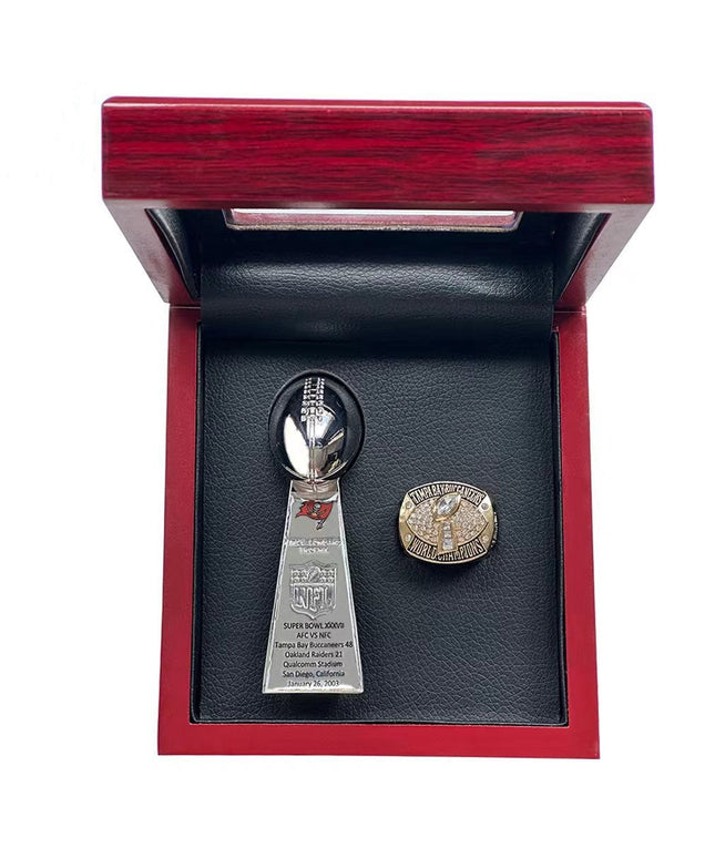 Tampa Bay Buccaneers Championship Ring & Trophy Set – 2003 & 2021 Collectible with Display Box