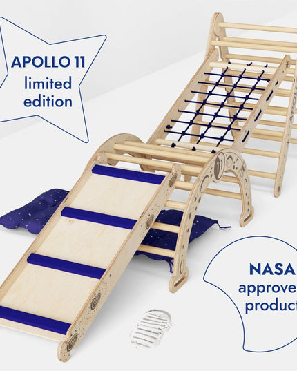 Apollo 5in1 Climbing Set:  Pikler Triangle, Net, Arch, Slide Board, and Cushion for Little Astronauts