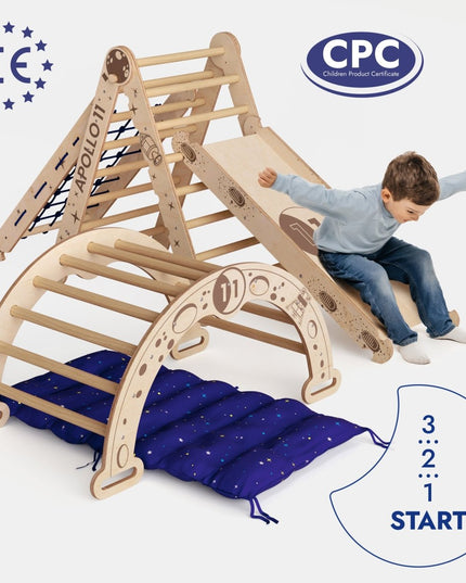 Apollo 5in1 Climbing Set:  Pikler Triangle, Net, Arch, Slide Board, and Cushion for Little Astronauts