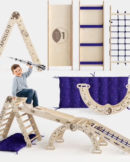 Apollo 5in1 Climbing Set:  Pikler Triangle, Net, Arch, Slide Board, and Cushion for Little Astronauts