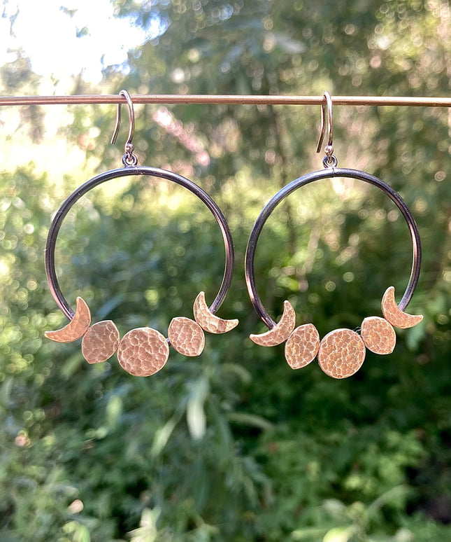 Moon Phase Hoop Earrings in Oxidized Sterling Silver and Brass