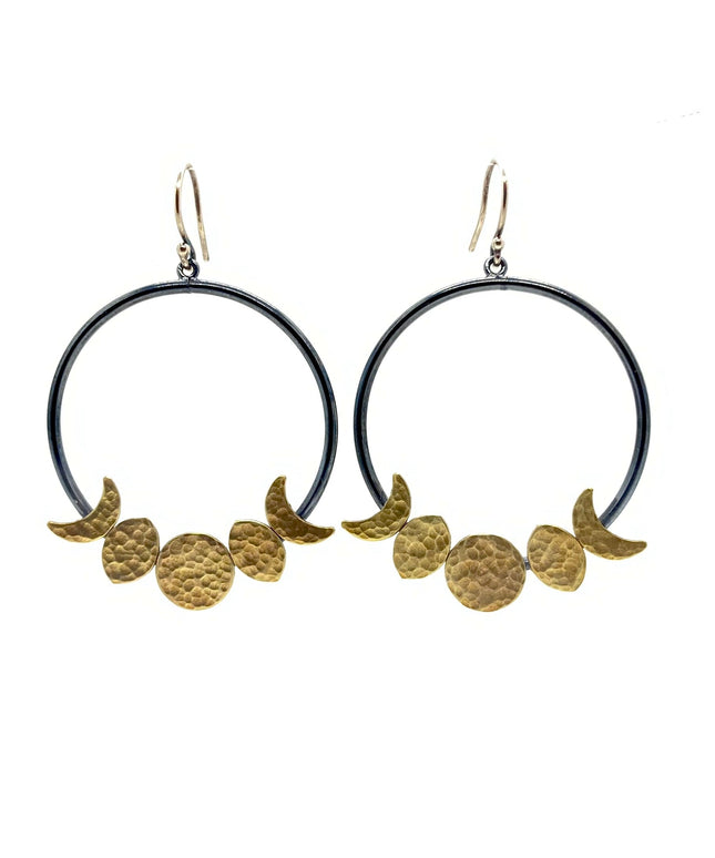 Moon Phase Hoop Earrings in Oxidized Sterling Silver and Brass