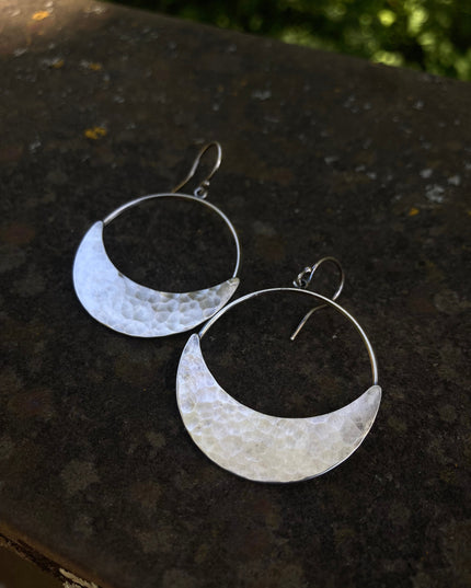 Crescent Moon Hoop Earrings in Sterling Silver | Moon Phase Earrings