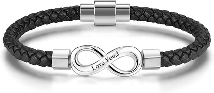Personalized Leather Infinity Bracelet – Custom Engraved Braided Wristband Gift