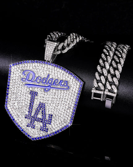 Los Angeles Dodgers Baseball Shield Pendant Necklace – Iced Out 24 Inches Cuban Chain