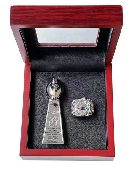 New England Patriots Super Bowl Championship Ring & Trophy Set– 2002, 2004, 2005, 2015, 2017 & 2019