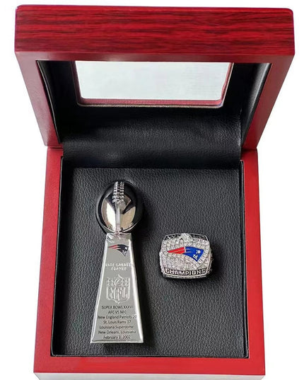 New England Patriots Super Bowl Championship Ring & Trophy Set– 2002, 2004, 2005, 2015, 2017 & 2019