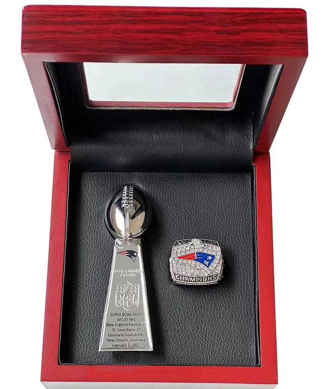 New England Patriots Super Bowl Championship Ring & Trophy Set– 2002, 2004, 2005, 2015, 2017 & 2019
