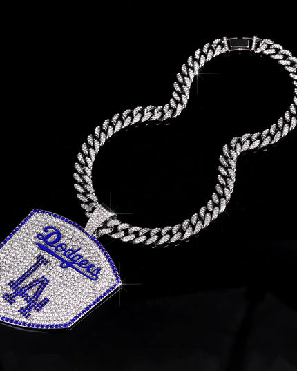 Los Angeles Dodgers Baseball Shield Pendant Necklace – Iced Out 24 Inches Cuban Chain