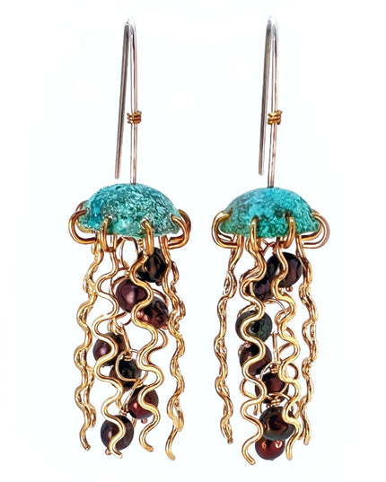 Green Copper Jellyfish Earrings with Dark Pearls and Sterling Silver Earwires