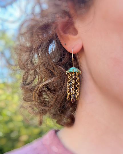 Green Copper Jellyfish Earrings with Dark Pearls and Sterling Silver Earwires