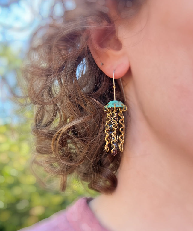 Green Copper Jellyfish Earrings with Dark Pearls and Sterling Silver Earwires