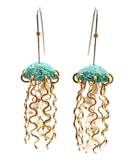 Green Copper Jellyfish Earrings with White Pearls and Sterling Silver Earwires