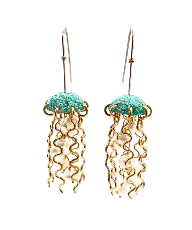 Green Copper Jellyfish Earrings with White Pearls and Sterling Silver Earwires
