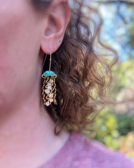 Green Copper Jellyfish Earrings with White Pearls and Sterling Silver Earwires