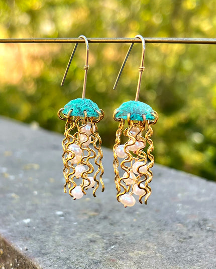 Green Copper Jellyfish Earrings with White Pearls and Sterling Silver Earwires