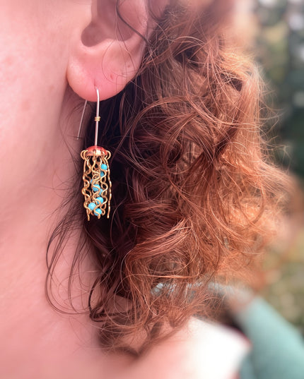 Mini Red Copper Jellyfish Earrings with Turquoise Beads and Sterling Silver Earwires