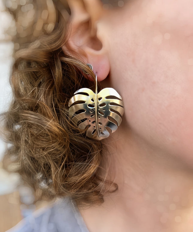 Monstera Earrings in Sterling Silver - Large