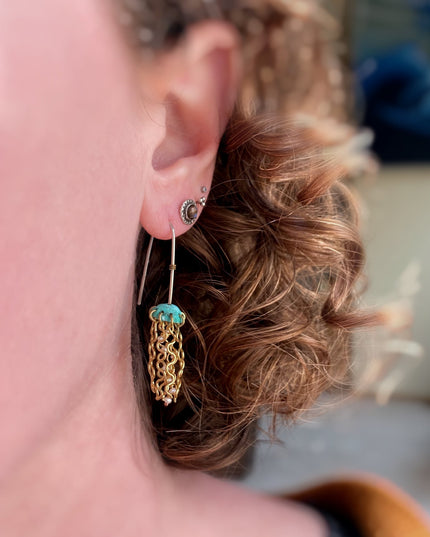 Mini Green Jellyfish Earrings with White Pearls and Sterling Silver Earwires