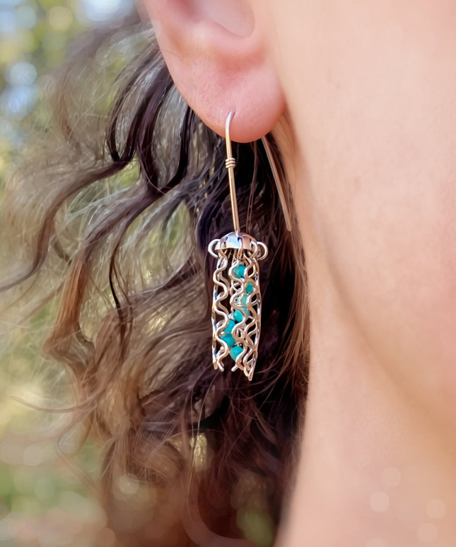 Mini Jellyfish Earrings in Sterling Silver with Turquoise Beads