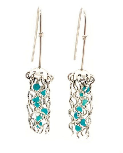 Mini Jellyfish Earrings in Sterling Silver with Turquoise Beads