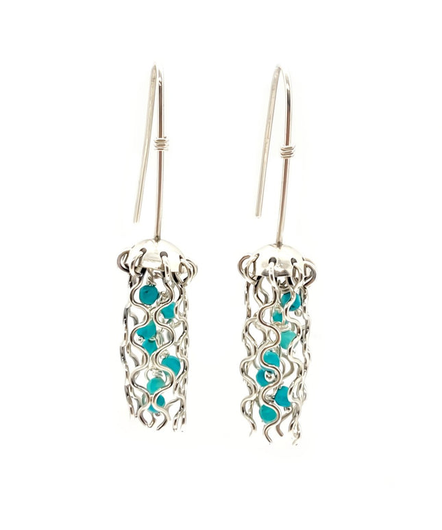 Mini Jellyfish Earrings in Sterling Silver with Turquoise Beads