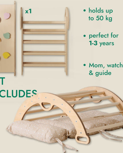 4in1 Montessori Climbing Set: Pikler Triangle, Arch, Slide Board, and Cushion for Toddlers (1–3 Years)
