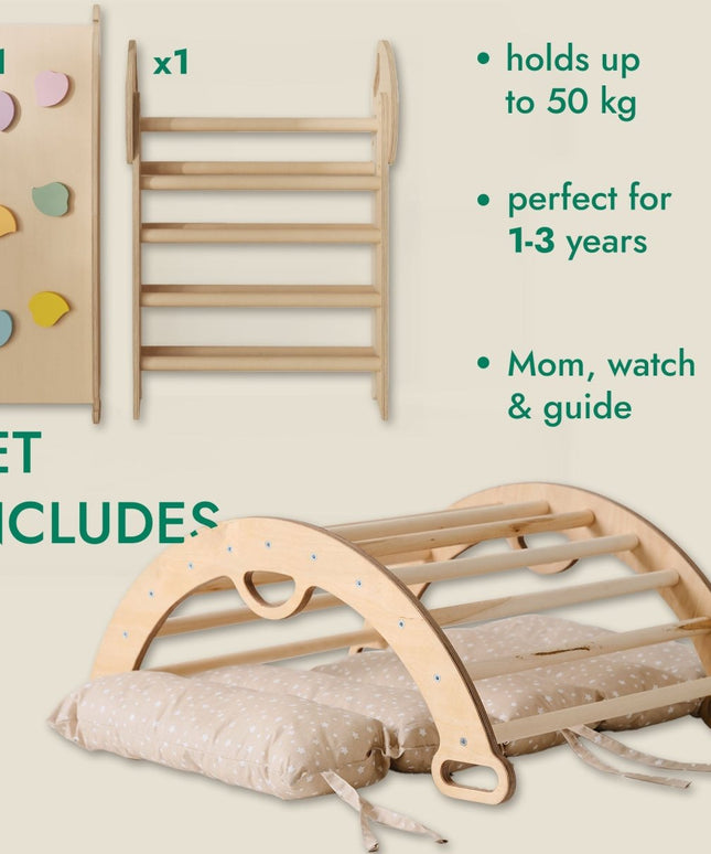 4in1 Montessori Climbing Set: Pikler Triangle, Arch, Slide Board, and Cushion for Toddlers (1–3 Years)