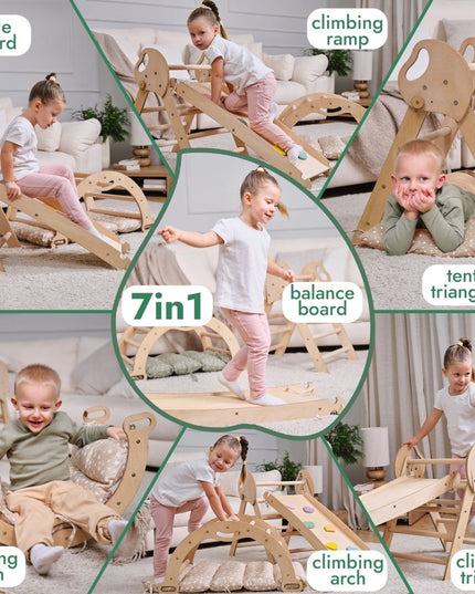 4in1 Montessori Climbing Set: Pikler Triangle, Arch, Slide Board, and Cushion for Toddlers (1–3 Years)