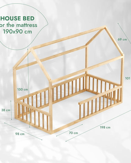 Montessori House Bed for Kids with Fence