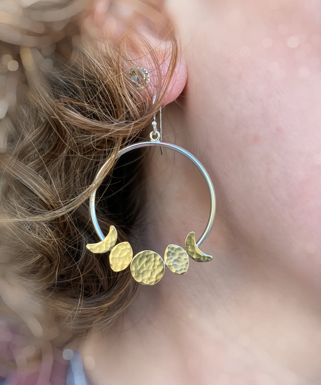 Moon Phase Hoop Earrings in Sterling Silver and Brass