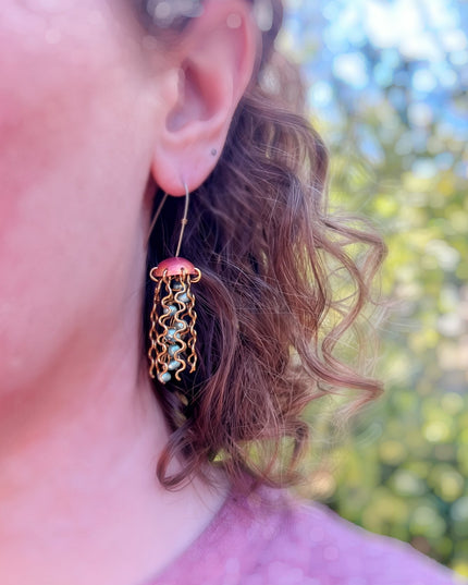 Red Copper Jellyfish Earrings with Green Pearls and Sterling Silver Earwires