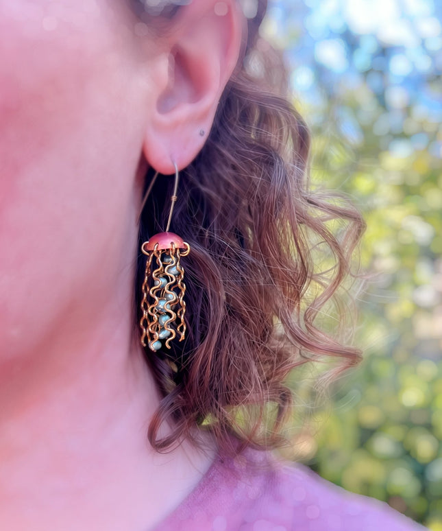 Red Copper Jellyfish Earrings with Green Pearls and Sterling Silver Earwires
