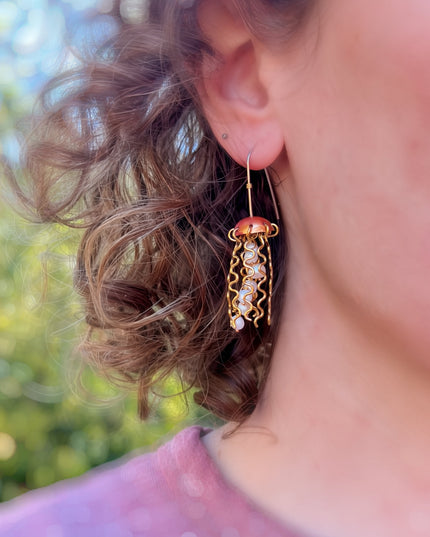Red Copper Jellyfish Earrings with White Pearls and Sterling Silver Earwires