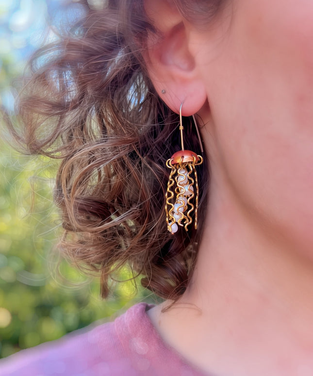 Red Copper Jellyfish Earrings with White Pearls and Sterling Silver Earwires