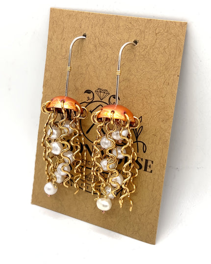 Red Copper Jellyfish Earrings with White Pearls and Sterling Silver Earwires