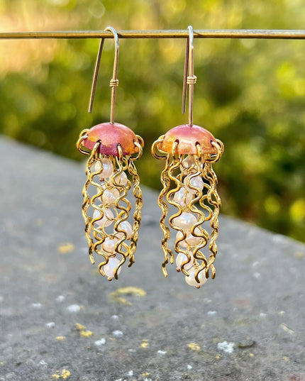 Red Copper Jellyfish Earrings with White Pearls and Sterling Silver Earwires