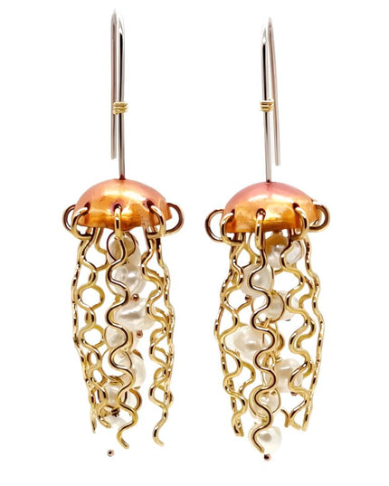 Red Copper Jellyfish Earrings with White Pearls and Sterling Silver Earwires